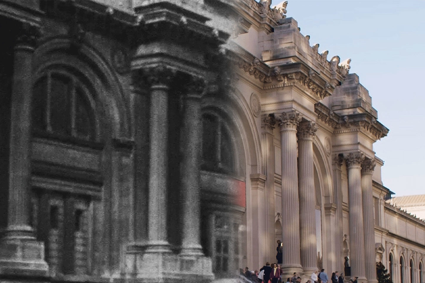 Archival black and white photograph of a building next to the same building in color and modern times